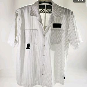Harley Davidson Men's Shirt w Logos Sz L Short Sleeve Snap White Pinstripe